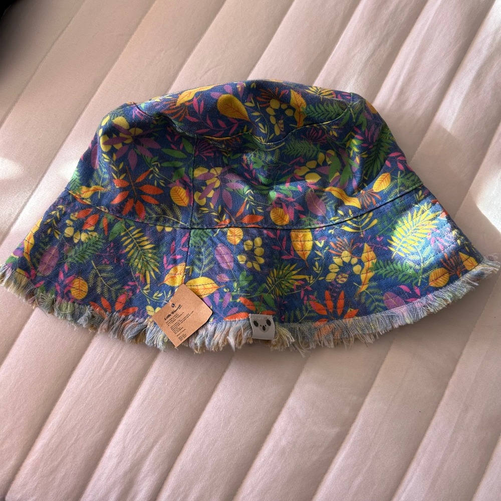 Little Brownie Bakers Reversible Tropical Leaf Bucket‎ Hat Blue Tan Frayed Edge